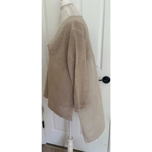 Colette Italy Made Linen Blend Shirt Tan Tunic V-Neck Top - Picture 3 of 7